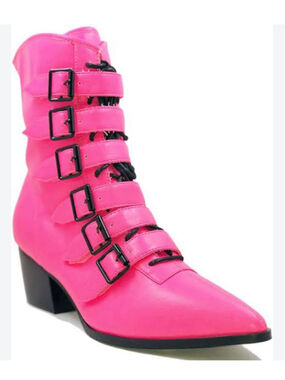 NWOT Strange Cvlt Coven Neon Pink Black Buckle Ankle Boots Size 9